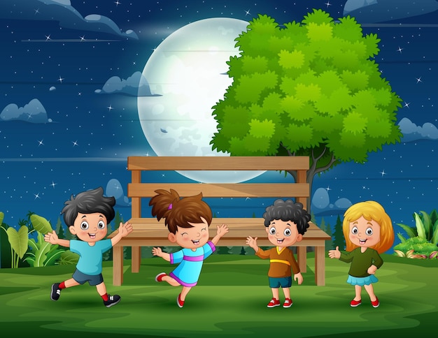 Funny children playing in park at night