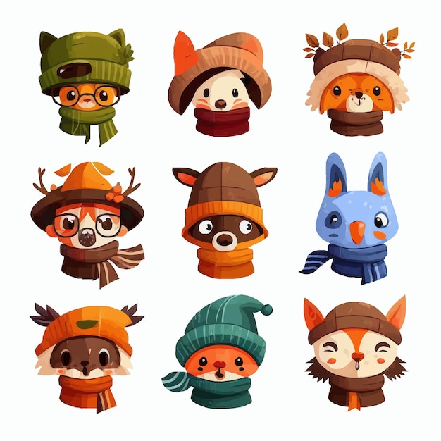 Funny children39s hats and scarves for the cold season on animals Isolated on background Cartoon flat vector illustration