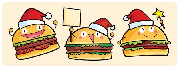 Divertenti personaggi di hamburger di natale in stile cartone animato