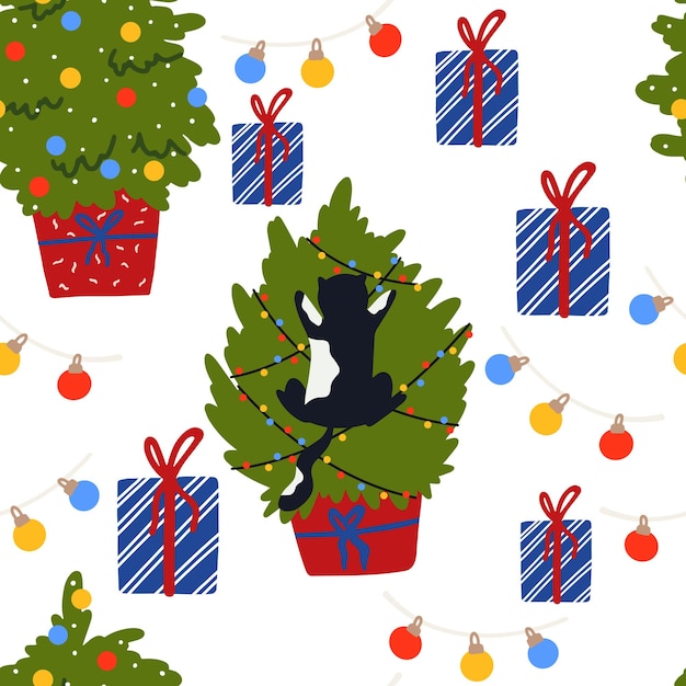 Funny Christmas cat Seamless pattern cute cats with garland Christmas tree gift box