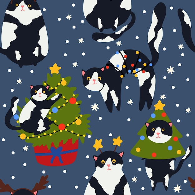 Vector funny christmas cat seamless pattern cute cats with garland christmas tree gift box