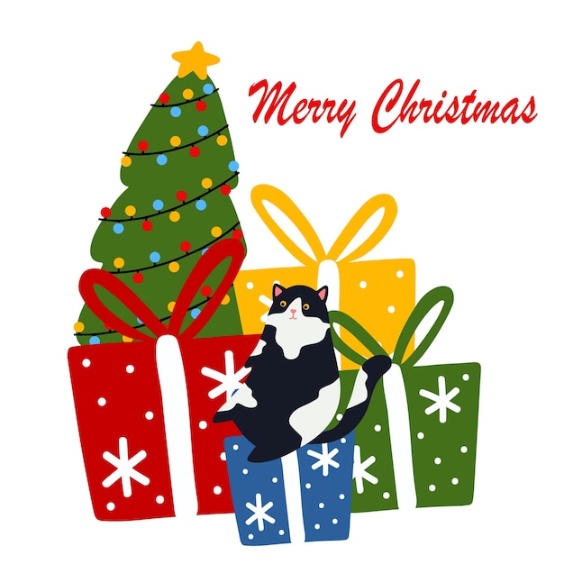 funny christmas cat with garland christmas tree gift box design for banner card greeting banner
