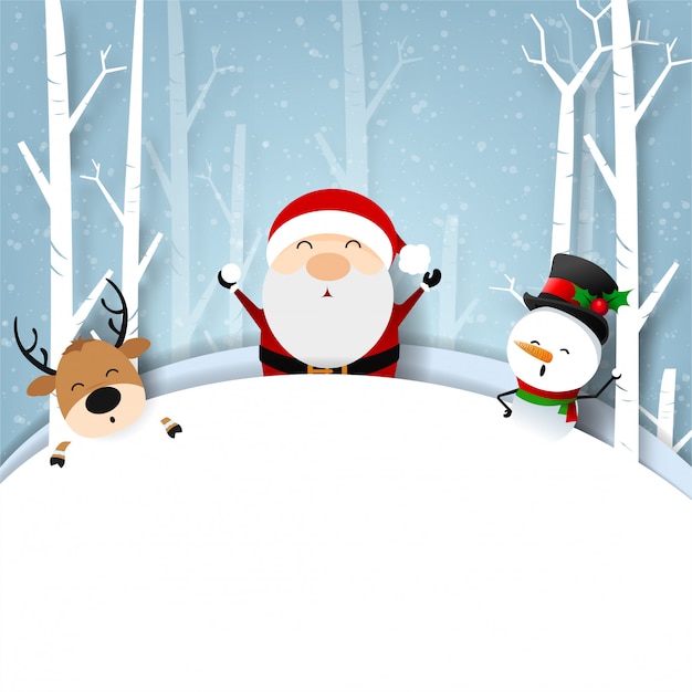 Funny christmas greeting card, with santa claus and snowman happiness with snowflake, vector illustration.
