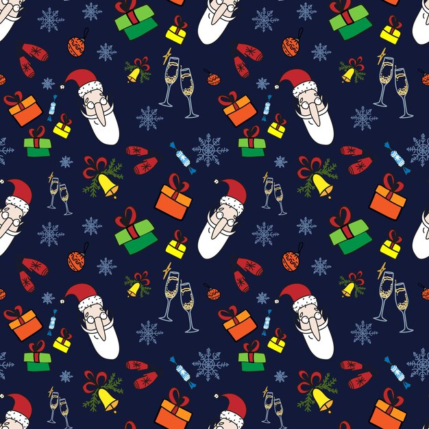 Funny christmas and new year doodle geometric seamless pattern on dark blue