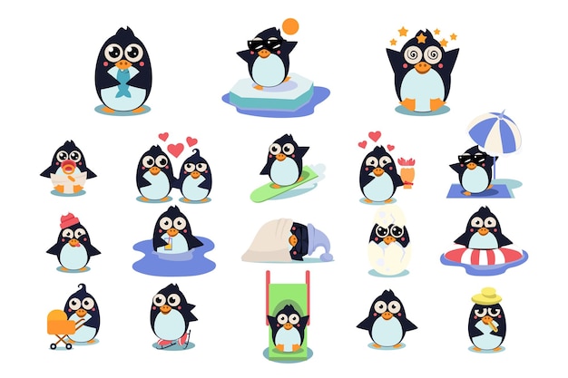 Забавные рождественские пингвины персонажи устанавливают милых птиц в разных ситуациях векторные иллюстрации изолированы на белом фоне