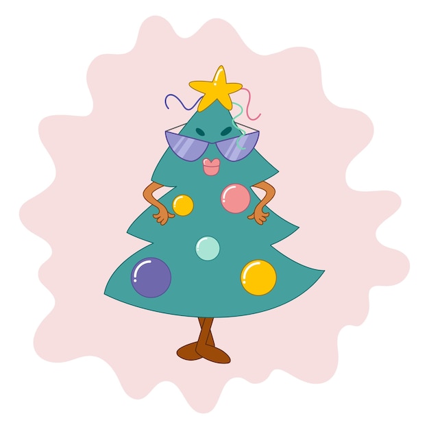 Divertente personaggio dell'albero di natale che indossa occhiali da sole stile cartone animato pino alla moda illustrazione vettoriale