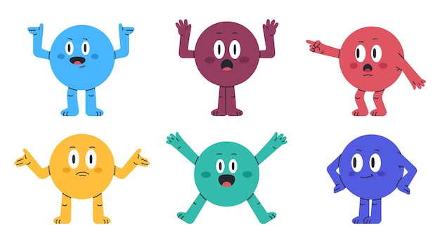 Vettore personaggi circolari divertenti mascotte geometriche rotonde carine forme circolari a fumetti con varie emozioni set di illustrazioni vettoriali piatte mascotte rotonde con facce divertenti