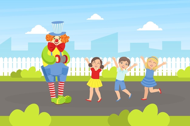 Funny Circus Clown Performing before Kids on Summer Landscape Comedian Performance Vector Illustration