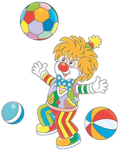 Divertente clown del circo che gioca con palline colorate