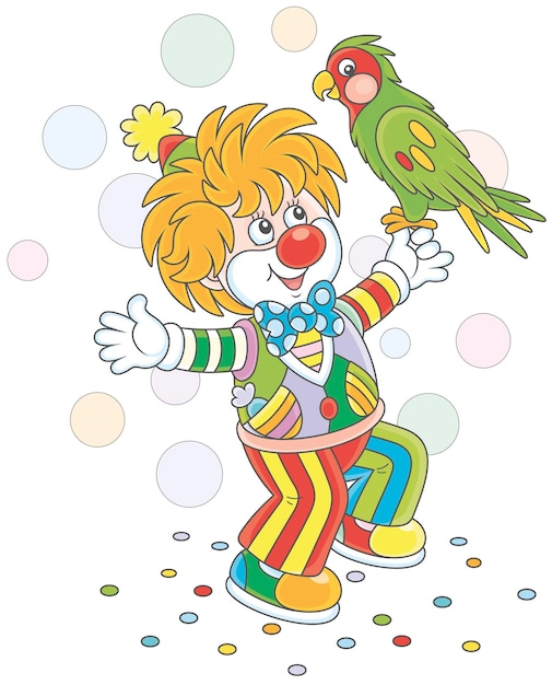 Divertente clown del circo che gioca con il suo pappagallo colorato