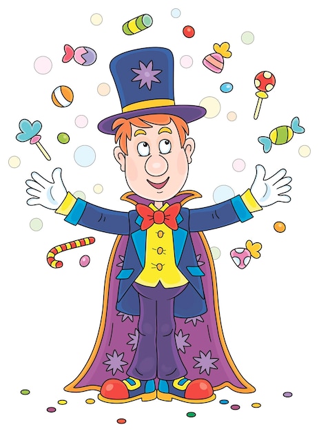 Vector funny circus magician illusionist with his mysterious hat conjuring tricks with flying sweets