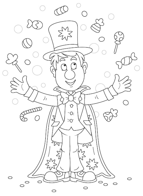 Vector funny circus magician juggling with sweets