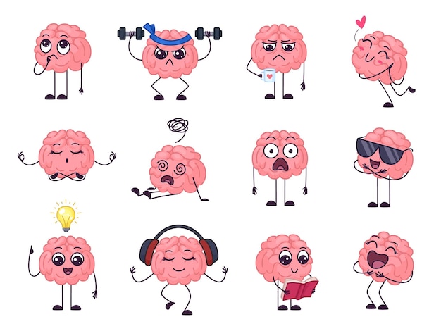 Funny clever brain Concentration focus and intellectual health Cartoon brains overthinking and do exercise surprised and think garish vector characters