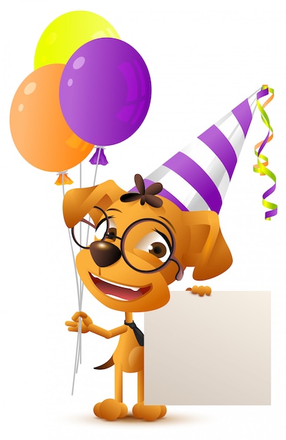 Vector funny clown dog holding balloons and blank paper