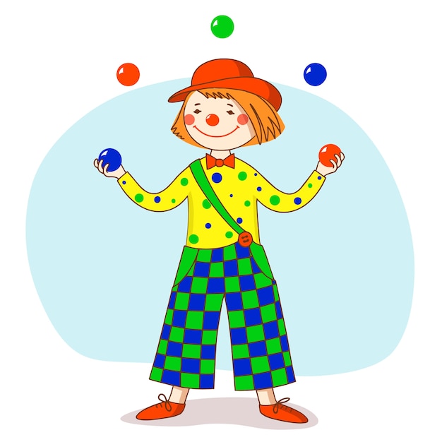 Funny clown in a red hat juggles balls.