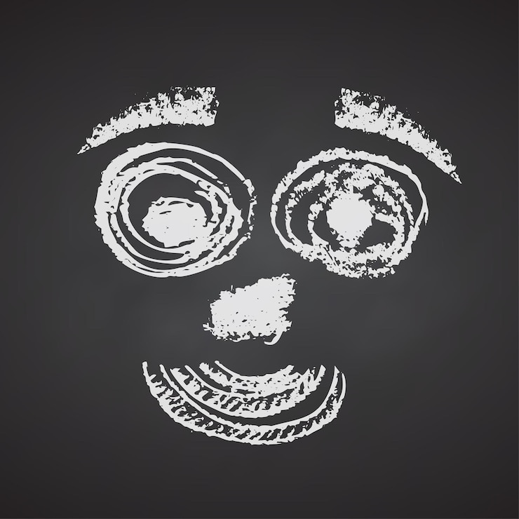 Vector funny clown square emoji face comic avatar on black chalkboard smiley character showing different emotions white chalk hand drawn collection doodle vector illustration