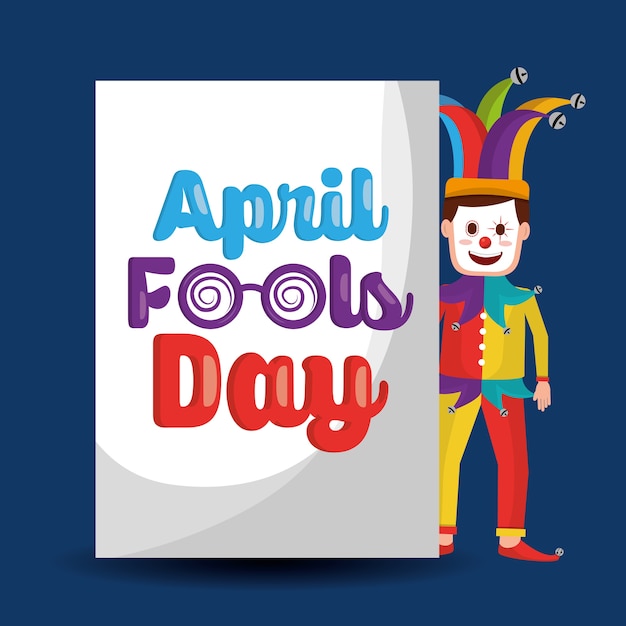 Vector funny clown standing with lettering april fools day