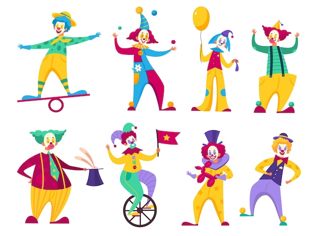 Забавные клоуны Цирковые комики в красочных костюмах коллекция различных ролей художник мультфильмов персонажи юмористы карнавальная одежда Детский день рождения исполнитель векторный мультфильм изолированный набор