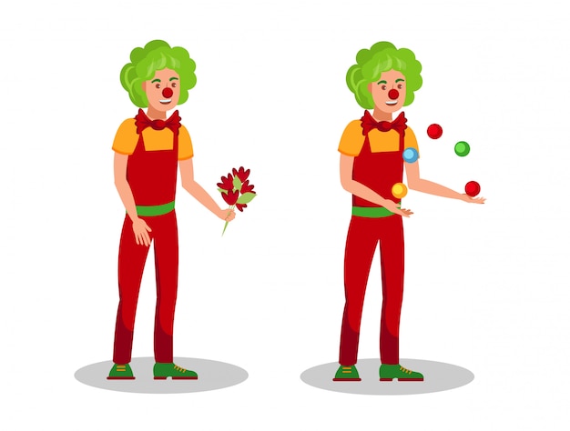 Funny clowns tricks flat color vector illustration