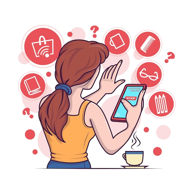 Funny colored cartoon female selecting products in online store drink coffee Woman making purchases via Internet Shopaholic character and ecommerce business Vector flat illustration