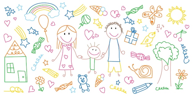 Vettore divertente set di famiglia di doodle colorati giocattoli per bambini mamma papà linea disegnata a mano sfondo infantile concetto di infanzia felice