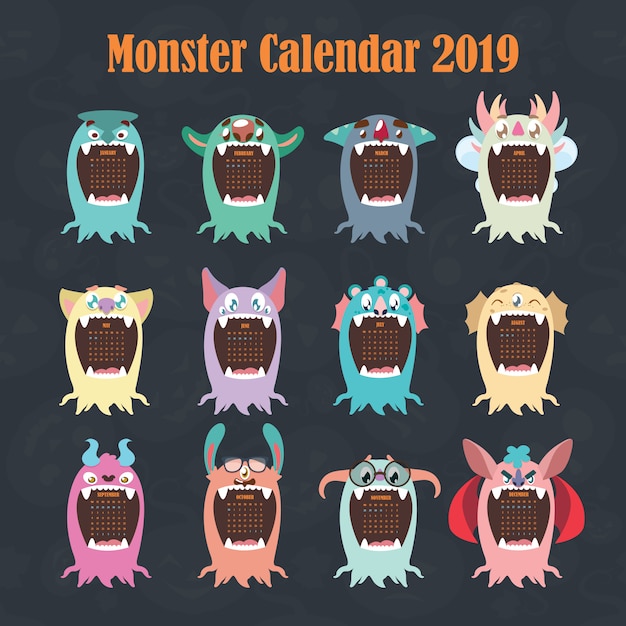 Vector funny colorful monster calendar for 2019