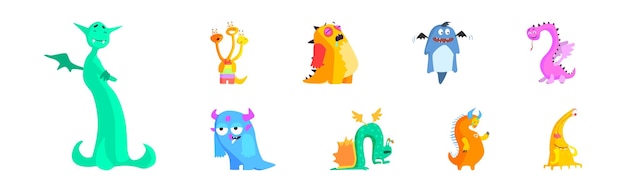 Vector funny colorful monster character with horns vector set cute fantastic friendly beast concept