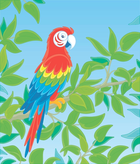 Vector funny colorful parrot in a tropical jungle