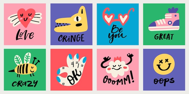 Vector funny colorful stickers or pins set cute characters heart ok sign sneaker glasses bee cloud and wolf