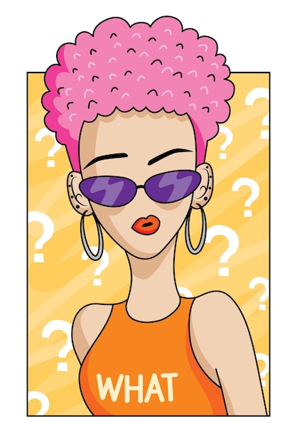 Funny confused face short pink hair teenage woman wears purple sunglasses and orange tank top