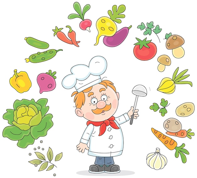 Vector funny cook thinking about a tasty soup with fresh vegetables and spices from a kitchen garden