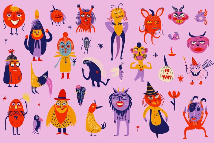 Funny cool Strange ugly Halloween characters Cute bizarre comic characters in modern flat hand drawn style