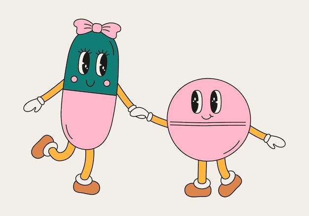 Funny couple of pills in cartoon groovy style