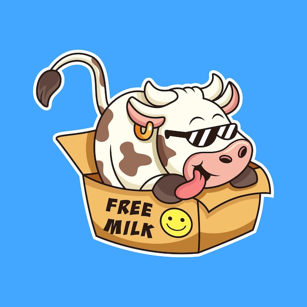 Funny cow with cardboard box cartoon Animal vector icon illustration isolated on premium vector