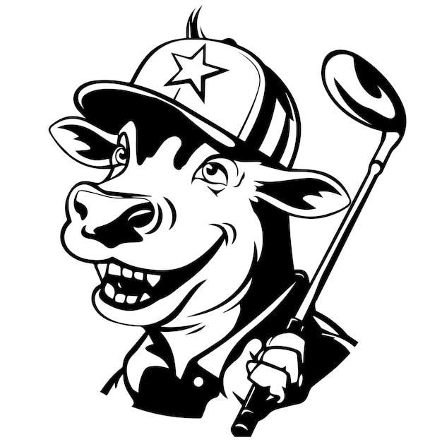 Vector funny cow with a hat playing golf