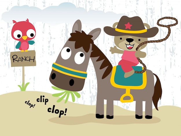 Funny cowboy riding horse cartoon with little owl