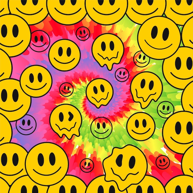 Premium Vector | Funny crazy melt smile facestie dye seamless patternvector  tie dye crazy cartoon character illustrationsmile hippie faces60s melting  acidtrippytiedye seamless pattern wallpaper print concept
