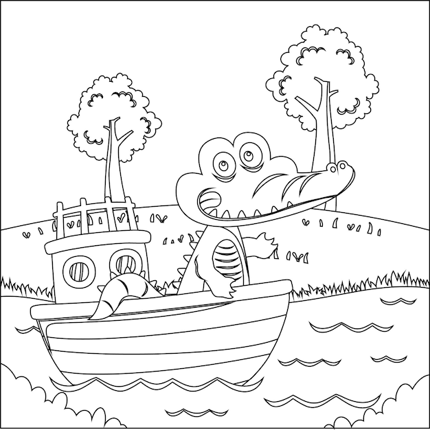 Funny crocodile cartoon vector on little boat with cartoon style For Adult And Kids Coloring Book