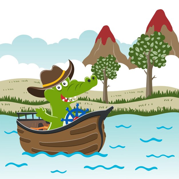 Вектор Забавный вектор мультфильма о крокодиле на маленькой лодке в стиле мультфильма творческий вектор детский фон для ткани текстиля детской комнаты обои плакат карточка брошюра и другие украшения