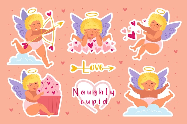 Funny cupids with blond hair and halo.  st valentine's day set