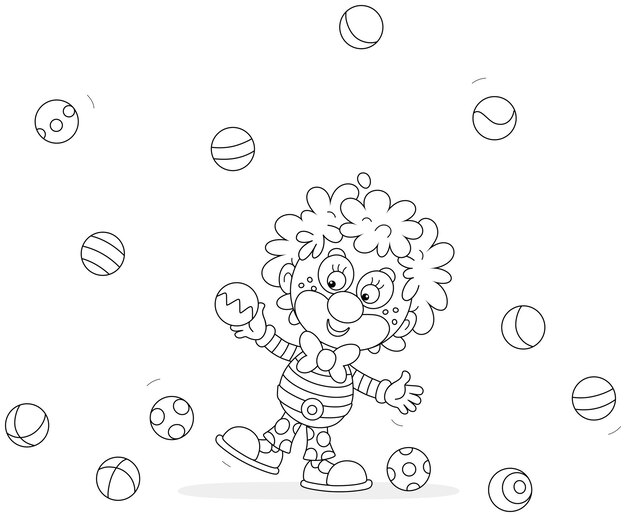 Vector funny curlyheaded circus clown juggling with merrily jumping toy balls in a fun show