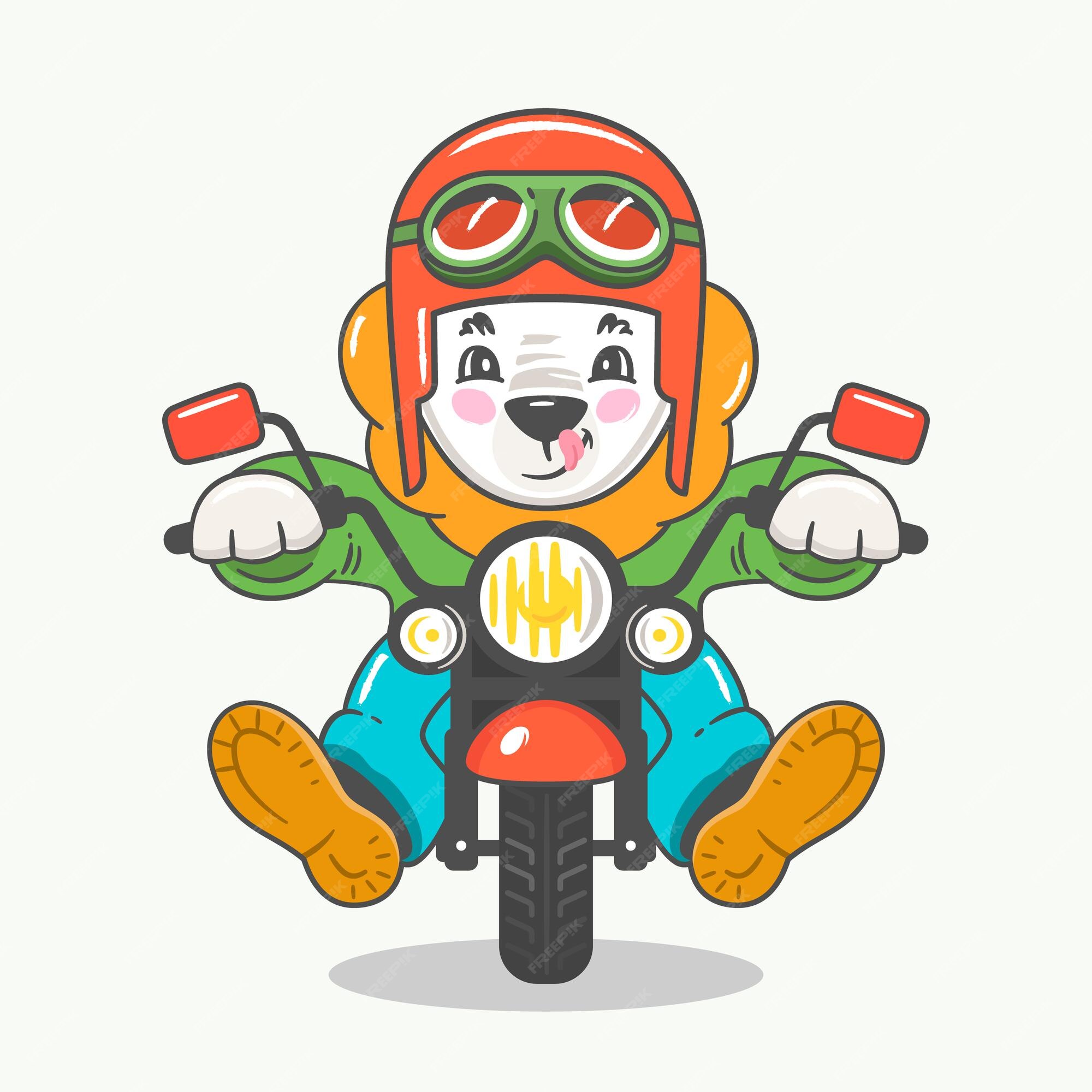 Premium Vector | Funny cute cartoon lion character in helmet with glasses riding motorbike Premium Vector | Funny cute cartoon lion character in helmet with glasses riding motorbike