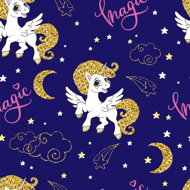 Unicorno simpatico cartone animato divertente con criniera e coda dorate e scritte su sfondo blu motivo senza cuciture illustrazione vettoriale per la stampa di carta da imballaggio, design e arredamento in lino