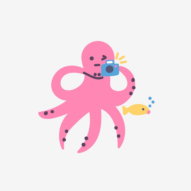 Funny cute character pink octopus take pictures fish under water