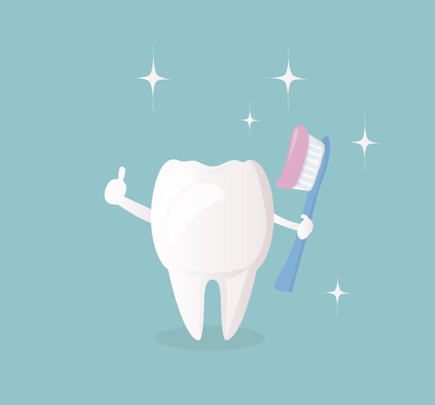 Funny cute character  white healthy tooth which holds a toothbrush with paste