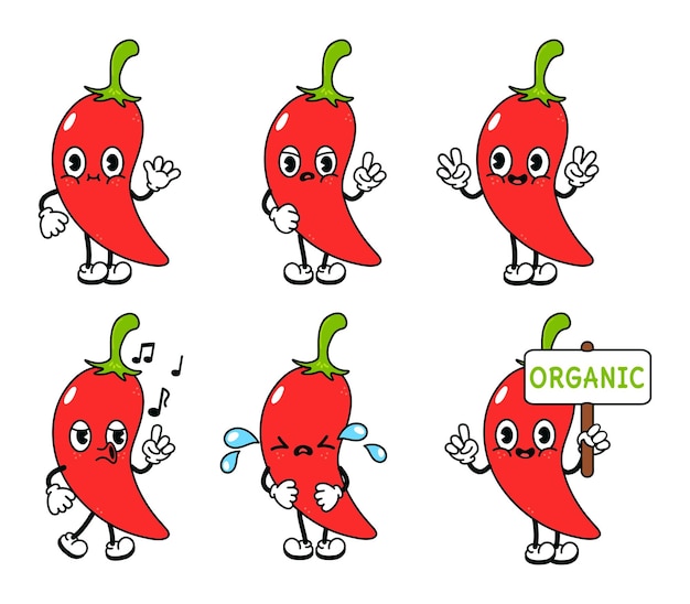 Vector funny cute chili pepper characters bundle set