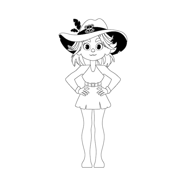 Funny and cute female pirate holding a bottle of rum Coloring style