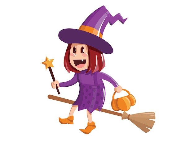 Funny and cute flying witch girl on a broom with a magic stick and pumpkin bag
