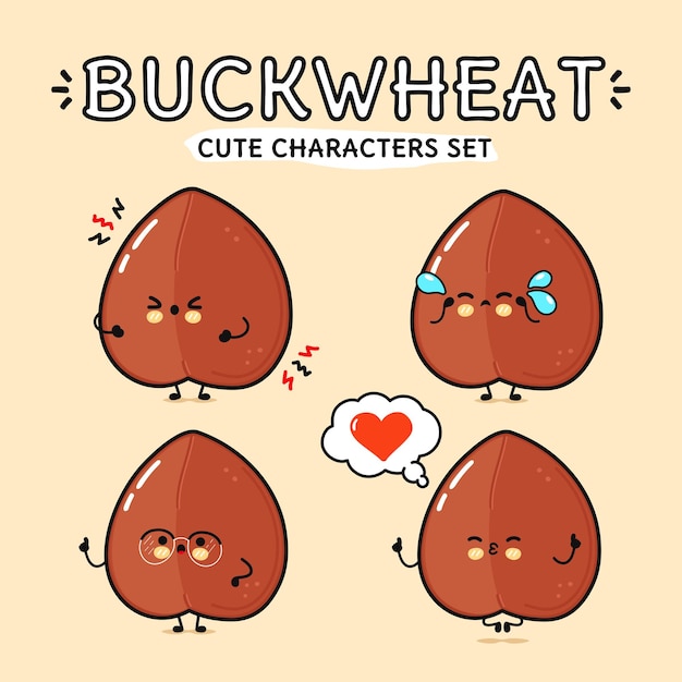 Vector funny cute happy buckwheat characters bundle set