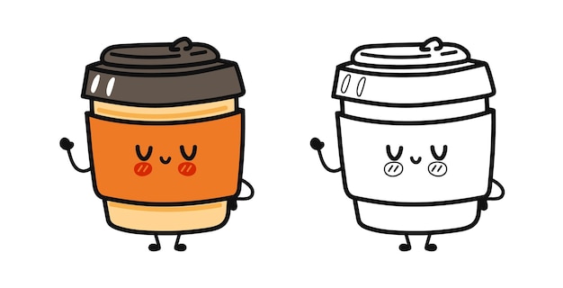 面白いかわいい幸せなコーヒー紙コップのキャラクターの塗り絵の漫画イラスト